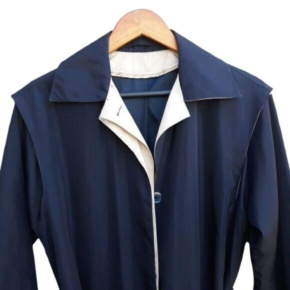 Vtg 80's Womens 6L‎ Trench Coat Long Belted Sailor Back Color Block Black Cream - Picture 8 of 13